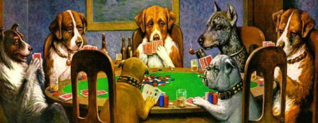 Dogs Actively playing Poker